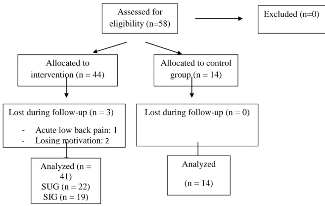 FIGURE 1. Flow chart of study participants  Assessed for  eligibility (n=58)  Excluded (n=0)  Allocated to  intervention (n = 44)  Allocated to control group (n = 14) 