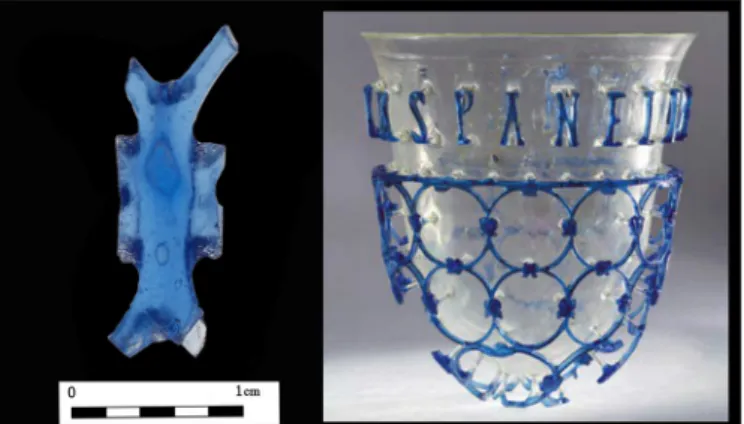 Fig. 14. Fragment of an openwork cage cup (vas diatretum)  from the villa of Nagyharsány, and an  intact vessel with 