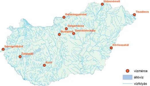 3. ábra. A vizsgált vízmércék elhelyezkedése az országban 