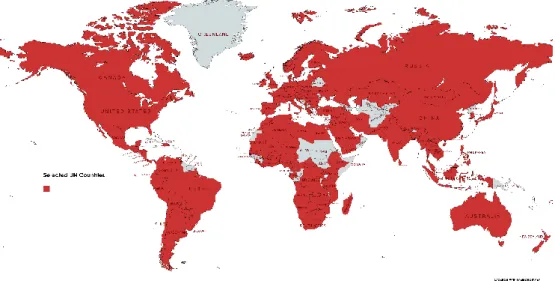 Figure 1. Countries in the sample (selected UN member states are marked with red). 