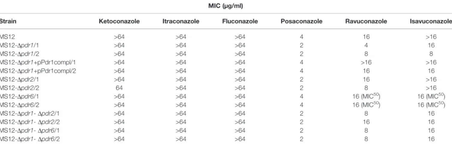 TABLE 2 | Minimal inhibitory concentrations (MIC) of the azoles (µg/ml) against the mutants and the parental M