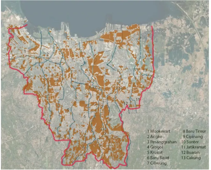 Figure 14. Jakarta DKI map with extent of Kampungs overlaid (in brown). 