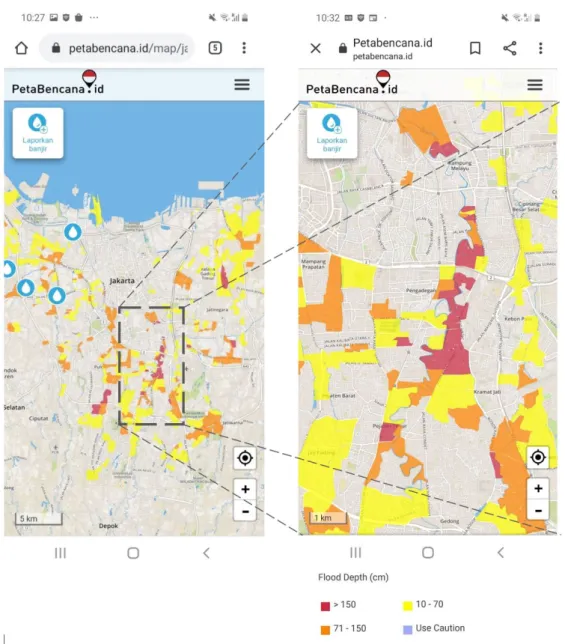 Figure 7. Flood Alert mapping, Jakarta mobile phone Screenshots from PetaBencana, 2 January 2020