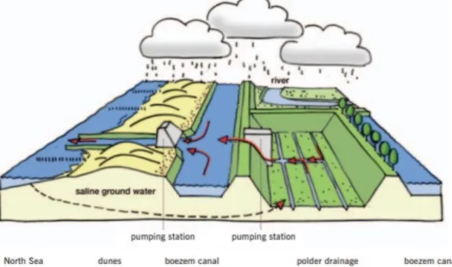 Figure 8. Diagram showing dyke, polder, canal, and  pumping stations in rainy conditions
