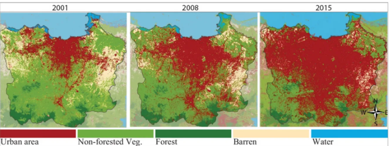 Figure 13. The expanding city and the shrinking of green spaces 2001, 2008, 2015, showing Metropolitan boundary