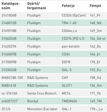 1. TÁBLÁZAT. A felhasznált antitestek listája az antitestforrás (gyártó),  célfehérje és a konjugált fém feltüntetésével