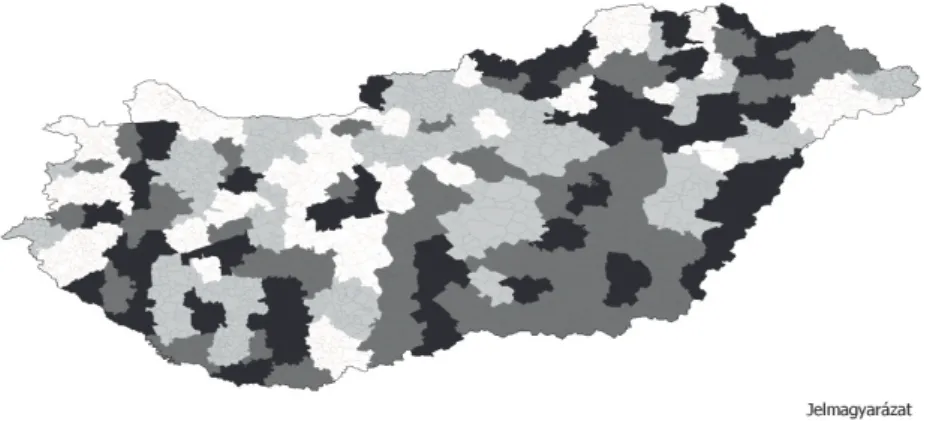 3. ábra: A FEOR1 logaritmikus szórás tényezői a kistérségek mentén nem állami szektorban (2016) HSCO factors of logarithmic standard deviation along micro-regional breakdowns non-public sector, 2016