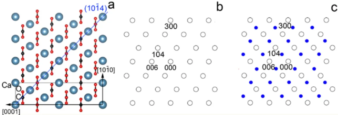 Figure 1. (a) Structure of calcite seen along [0110]. In order, the large blue circles and red and  black dots represent Ca, O and C atoms