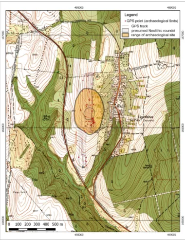 Fig. 5 Topographical position of the Ligetfalva roundel  and the route of the fi  eld survey
