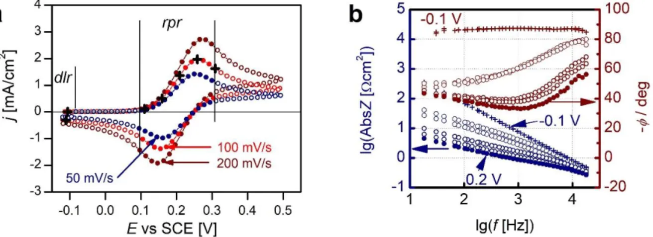 Figure 2. (a) Location of the recorded impedance spectra (circles). The full circles are the locations  of the spectra in the rpr (redox peak region, 0.1 V  ≤ 