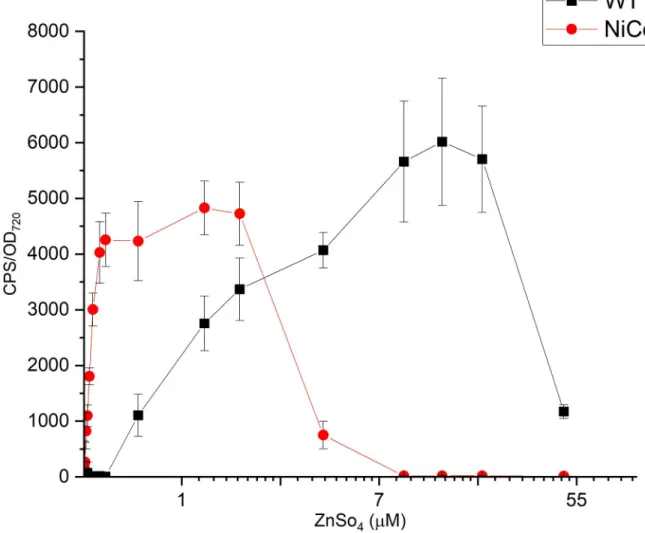 Fig 7. The bioluminescent response of the pILAziaR WT and pILAziaR NiCoZia for ZnSO 4 