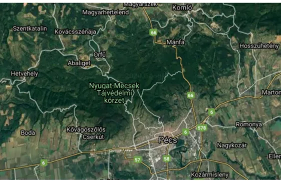 Figure 1. The study site in the Mecsek medium mountains, north of Pécs, the location of the University of Pécs (source: 