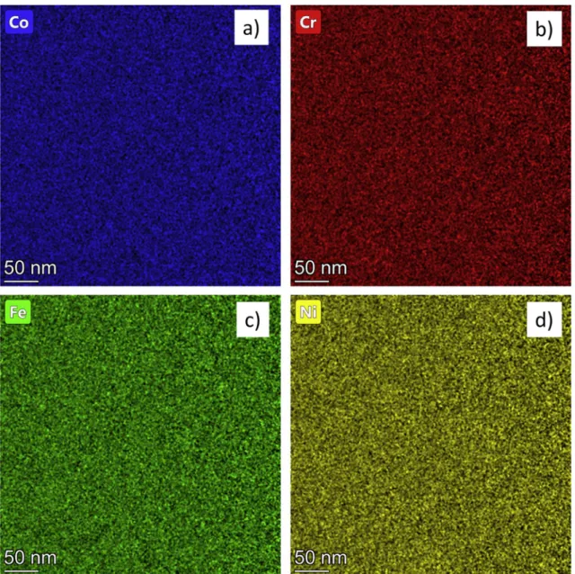 Fig. 6. EDS elemental maps for Co (a), Cr (b), Fe (c) and Ni (d) obtained for the HPT-processed sample by TEM