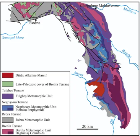 Fig. 2. Lithologic map of the pre-Alpine tectonic units of the Eastern Carpathians (after Kr€ autner, 1996–1997; Balintoni, 1997; Balintoni and Balica, 2013; Balintoni et al., 2014)