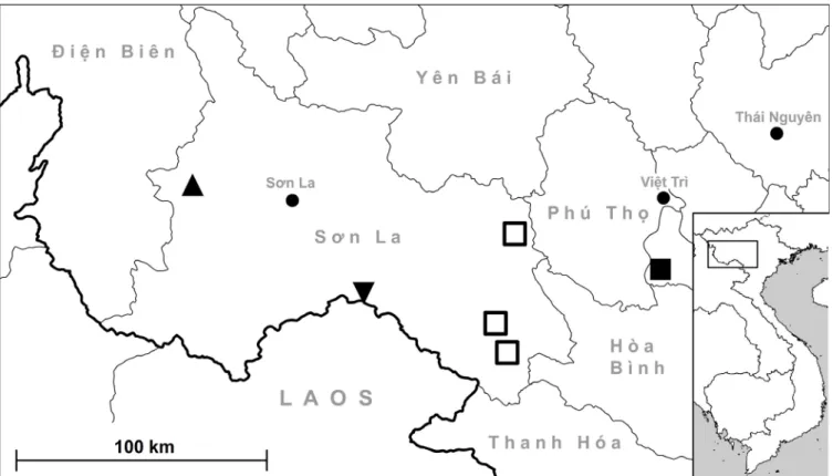 Fig. 2. Distribution of Laotia Saurin, 1953 species in Vietnam. Triangle: Laotia christahemmenae phami, new subspecies; inverse triangle: 
