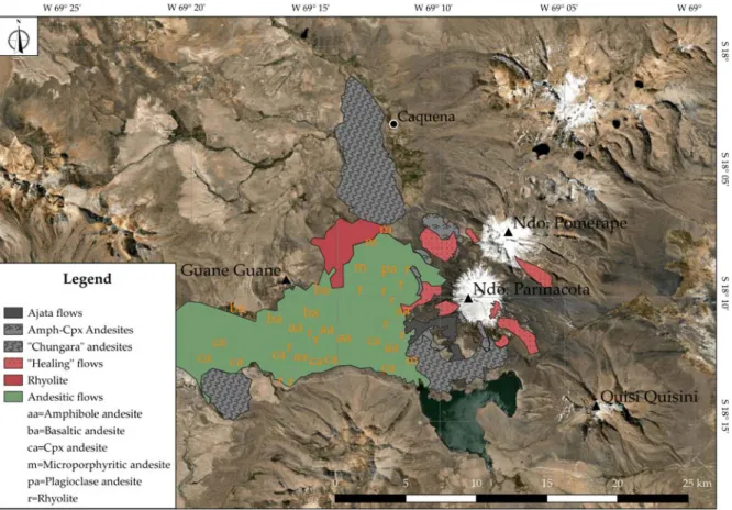 Fig. 2.: A simplified geological map of the subduction-related volcanism in the Nevados de Payachata region  after G