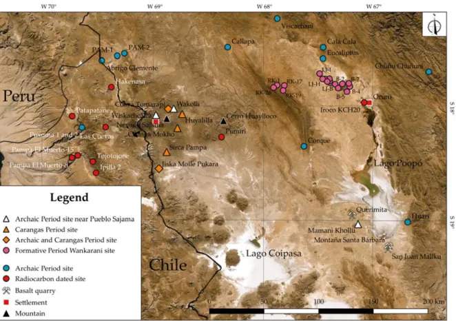 Fig. 3.: Archaeological sites in the Sajama region and some archaeological sites on the Altiplano belonging to  the Archaic Period and the Formative Period Wankarani Cultural Complex 