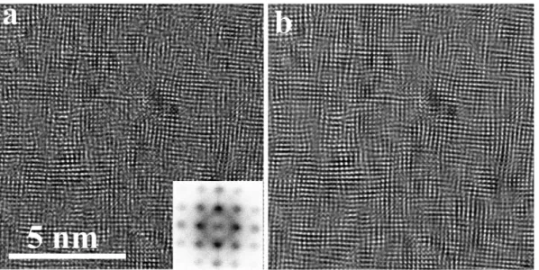 Fig. 5. HREM image of the top of the 12% air layer with the FFT pattern of the area (a), and the filtered image of the same area, corresponding to the 200 type  diffraction maxima (b)