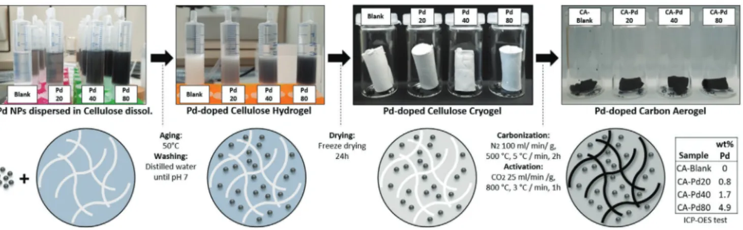 Figure  1 schematically represents the synthesis process of  Pd-doped cellulose carbon aerogels and its essential  parame-ters