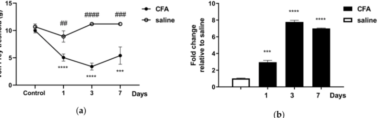 Figure 1. (a) Changes in mechanical threshold measured with von Frey filaments on day 1, 3, 7 after  unilateral injection of complete Freund’s adjuvant (CFA) or saline (50 μL s.c.)