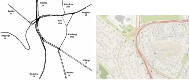 Figure 2: Simulated network of BAH-intersection (left). The central part of the intersection (right) (source: http://osm.org/#map=17/47.486/19.025).