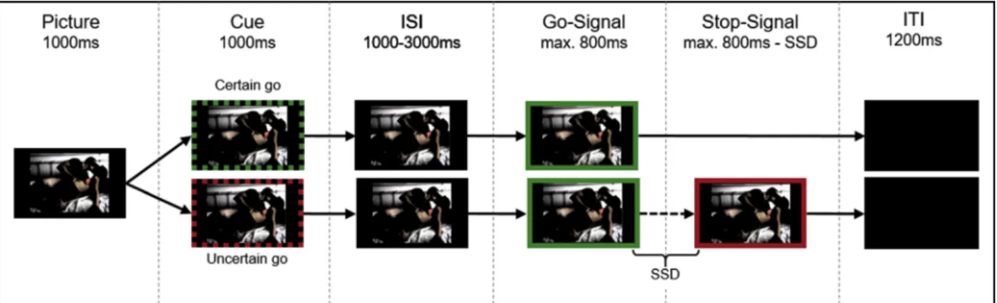 Fig. 2. Stop-signal task as used during fMRI. Each image (neutral or pornographic) lasted for the whole trial