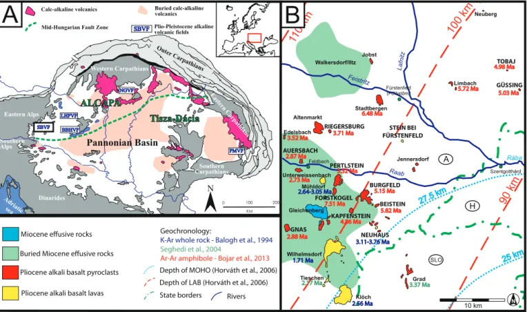 Fig. 1. A: Simpliﬁed tectonic map of the Carpathian-Pannonian region (CPR) and its surroundings (Harangi, 2001b; Szabó et al., 1992)