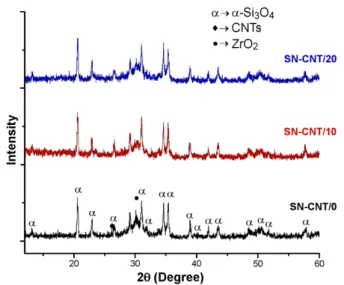Figure 2. X-ray diffractograms of starting powder mixtures with un-oxidized (SN-CNT/0) and with 10 h oxidized (SN-CNT/10) and 20 h oxidized (SN-CNT/20) Si 3 N 4 powders