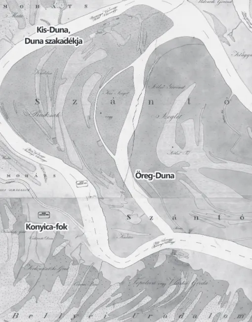 2. ábra. A 18. századi perekben szereplő vizek elhelyezkedése a Duna mappáció térképlapjain