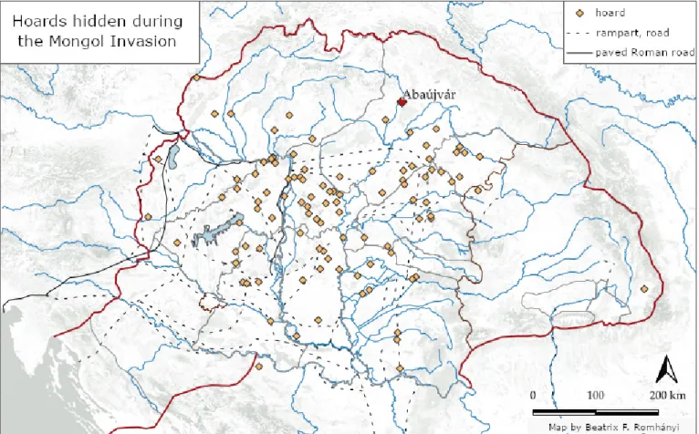 Fig. 1. The Abaújvár fort and the location of hoards from the period of the Mongol Invasion, shown on the map of medieval Hungary
