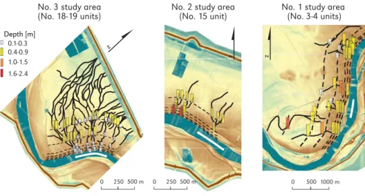 Figure 4. Crevasse systems were identified at three sites. The depth conditions of the crevasses were  measured at given distances (0-20-50-100-200-500 m) from the bankline