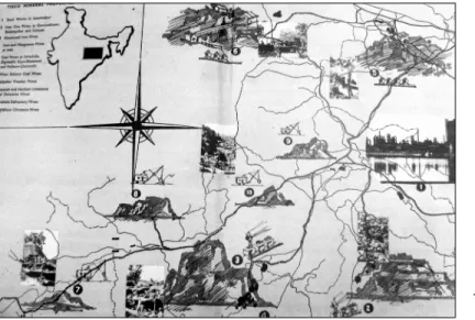 5. térkép.   A TISCO  bányák  helyzetét  reprezentáló  térkép Verrier  Elwin: The  Story of Tata  Steel című  könyvének  belső  borító-járól (forrás:  British Library) 
