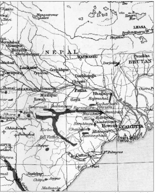 1. térkép. Szén és vasérc Csotanagpur területén az Imperial Gazetteer of India 