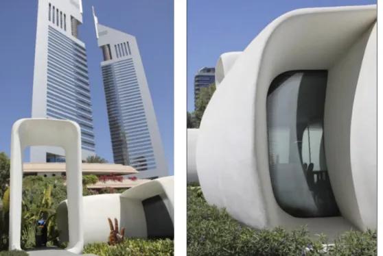 3. ábra: A világ elsõ 3D betonnyomtatással készült irodaépületét Dubai központjában toronyházak közötti  parkban helyezték el