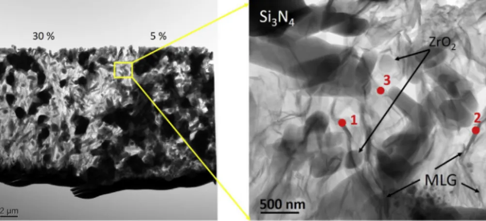 Fig. 8. STEM cross-section image of Si 3 N 4 -ZrO 2 /30-5-30 wt% MLG with detail of MLGs embedded in Si 3 N 4 based matrix and elemental analysis of three different places focusing to MLG.