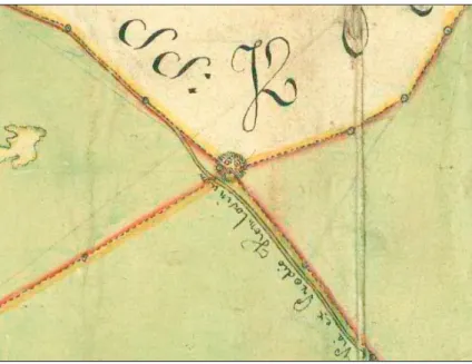 2. ábra A Barta-halom négy település határán, rajta négy határdombbal a 18. század végén  (T.6) 