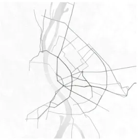 A válaszadók gyaloglásként megjelölt útszakaszainak térképe (13. ábra) jóval  világosabb tónusú, mint a tömegközlekedési térkép