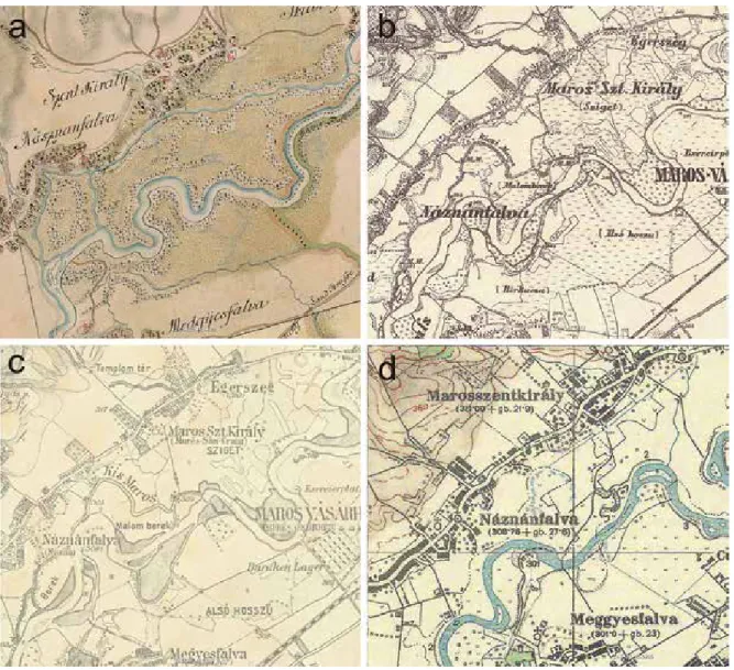 Fig. 3. The surroundings of the area under investigation on Military Survey Maps (a: 1769–1773; b: 1853–1858; c: 1869–1887, d: 1943)