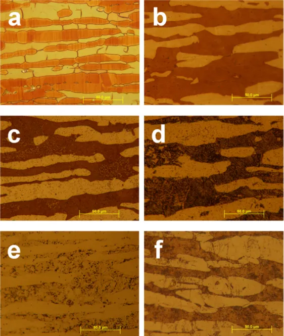 Figure 3. Optical micrographs:(a) without deformation, using Beraha II reagent,(b) without  deformation, using Murakami’s reagent,(c) 60% rate of cold working with Beraha II reagent,(d) 60% 