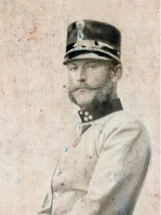 8. ábra. Szibenliszt Béláról 1890-ben, 38 éves korá- korá-ban készült ceruzarajz fotója, a Monarchia k.u.k  hadseregének egyenruhájában