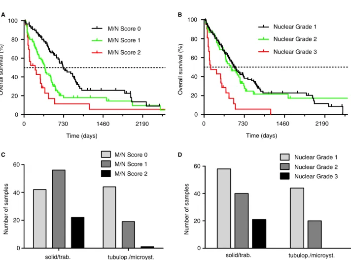 Figure 4. Mitosis/necrosis (M/N) score and nuclear grading. A, M/N score is a significant prognostic factor in eMPM