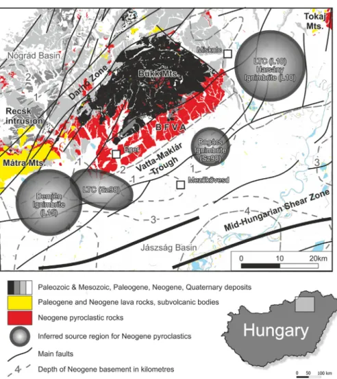 Fig. 12. Inferred volcanic source regions for various pyroclastic deposits of the BFVA (Sz98 – Szakács et al., 1998; L10 – Lukács et al., 2010; L15 – Lukács et al., 2015) in relation with structural units and zones of Neogene-Quaternary subsidence