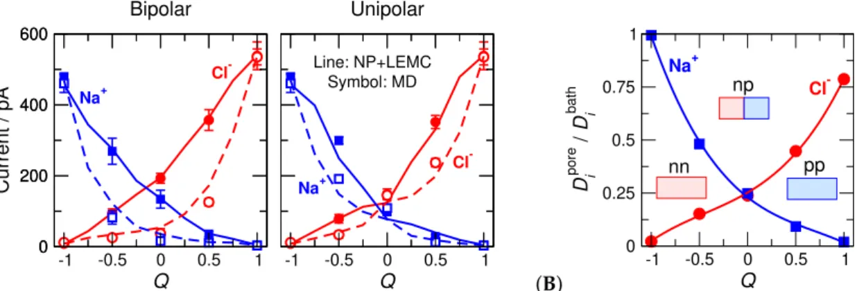 Figure 6. (A) Ionic currents as functions of Q for the bipolar (left panel) and unipolar (right panel) nanopores