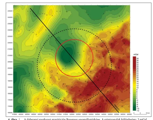 4. ábra A dabronyi szerkezet gravitációs Bouguer-anomáliatérképe. A szintvonalak különbsége: 2 mGal Figure 4 Gravity Bouguer anomaly map of the Dabrony Sructure area