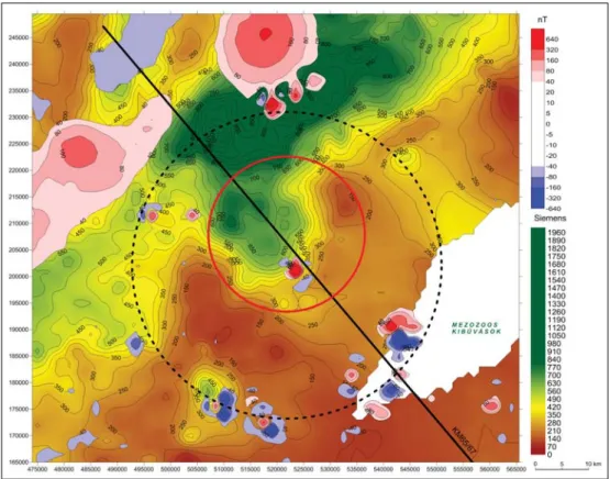 10. ábra A terület tellurikus vezetőképességi anomália-térképére mint háttérre ráhelyezett mágneses ΔZ-anomáliák Figure 10 On the telluric conductivity anomaly map as on a background the magnetic ΔZ anomalies are shown