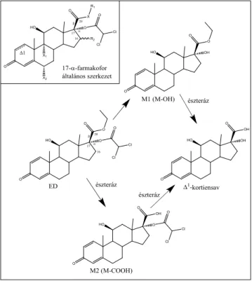 5. ábra A 17α-oldalláncban lévő farmakofor vegyületek általános képle- képle-te, R1-alkil, X- O vagy S, R2 - H, -OH vagy -CH3, X1 és X2 -  H, -F vagy Cl
