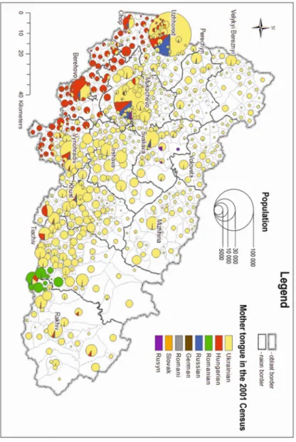 Figure  1.  Population  distribution  of  Transcarpathia  by  mother  tongue, based on the 2001 census 