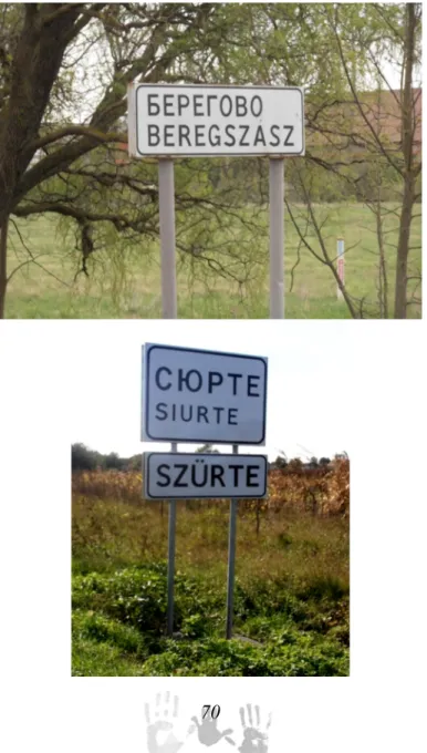 Figure  4.  Bilingual  (Ukrainian–Hungarian)  place  name  signs  in  Transcarpathia  in  October  2019:  pursuant  to  the  new  law,  these  signs will become illegal 