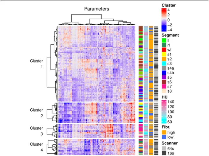 Fig. 3 K- means and hierarchical cluster analysis of liver segments. Liver segments were grouped by k -means clustering into four clusters