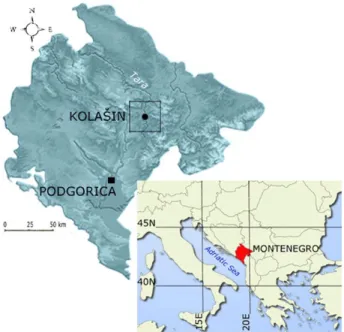 Fig. 1. Location of Montenegro in the Mediterranean region and Kolašin in Montenegro  (Kolašin: latitude = 42 0 49'22''N, longitude = 19 0 31'4''E, altitude = 944 m) 